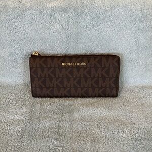 Michael Kors Dark Brown MK Signature Zip Around Wallet with Gold Hardware